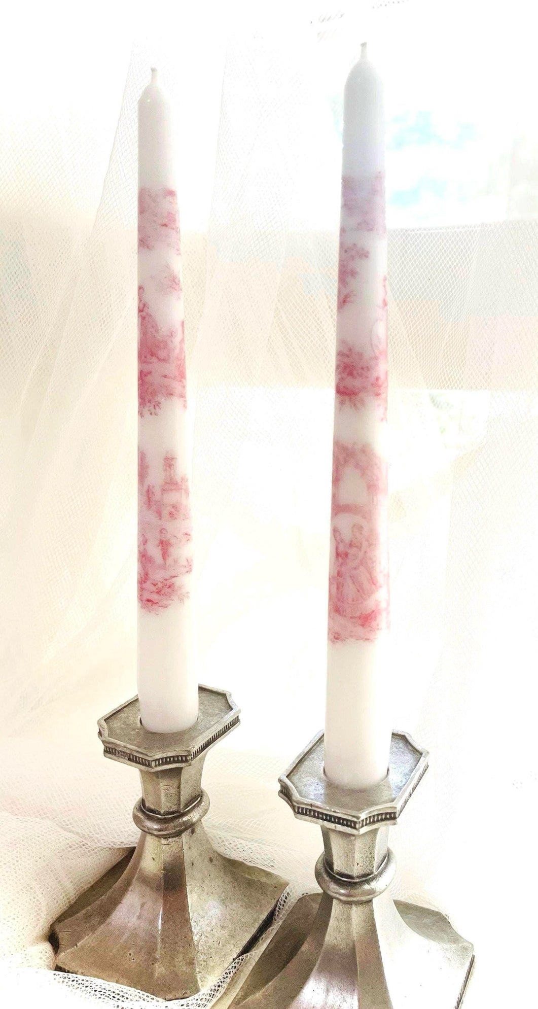 Pink Toile Tapered Candles